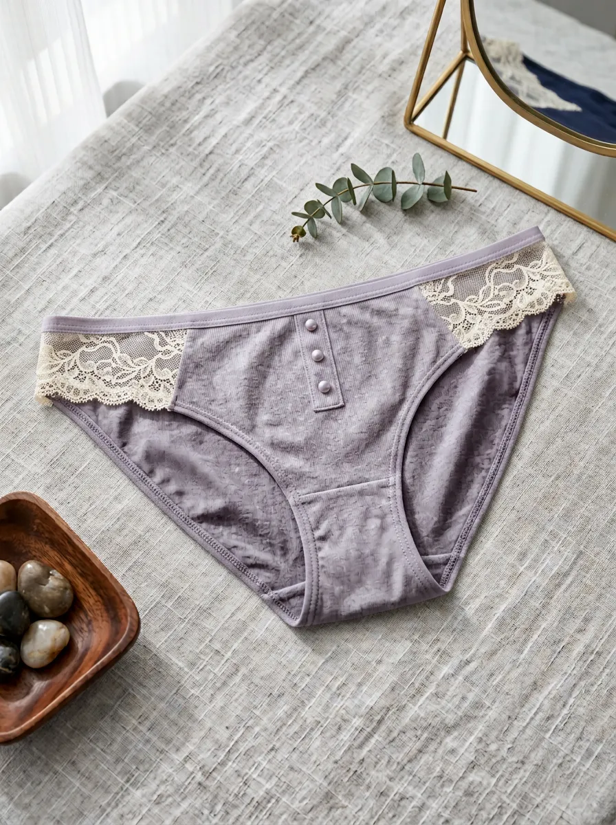 Women's Lace Trim Button Detail Textured Purple Panties