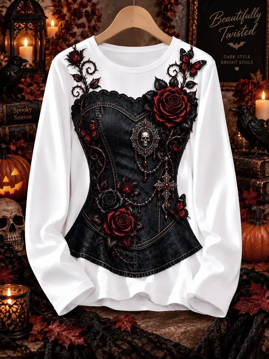 Women'S Halloween Gothic Rose Skull Waist Printed Long Sleeve T-Shirt