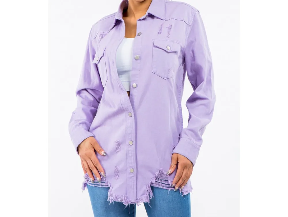 Frayed Hem Distressed Denim Jacket