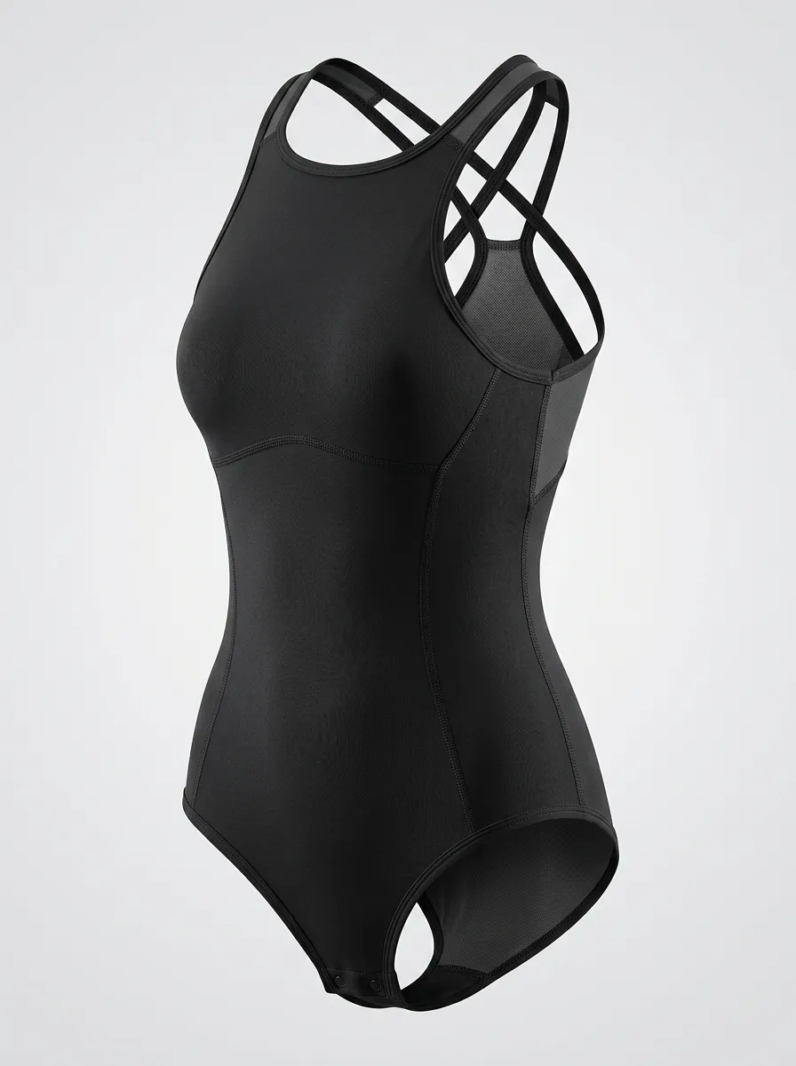 Women's Athletic Fitness Racerback Solid Black Bodysuit