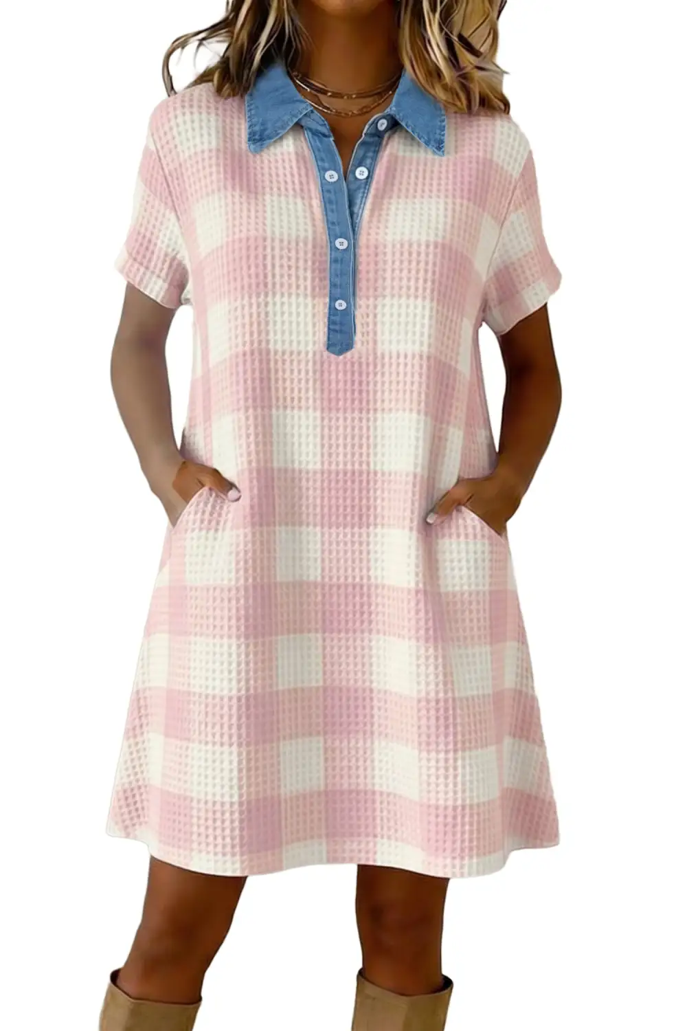 Women's Plaid Printed Denim Button Detail Mini Dress