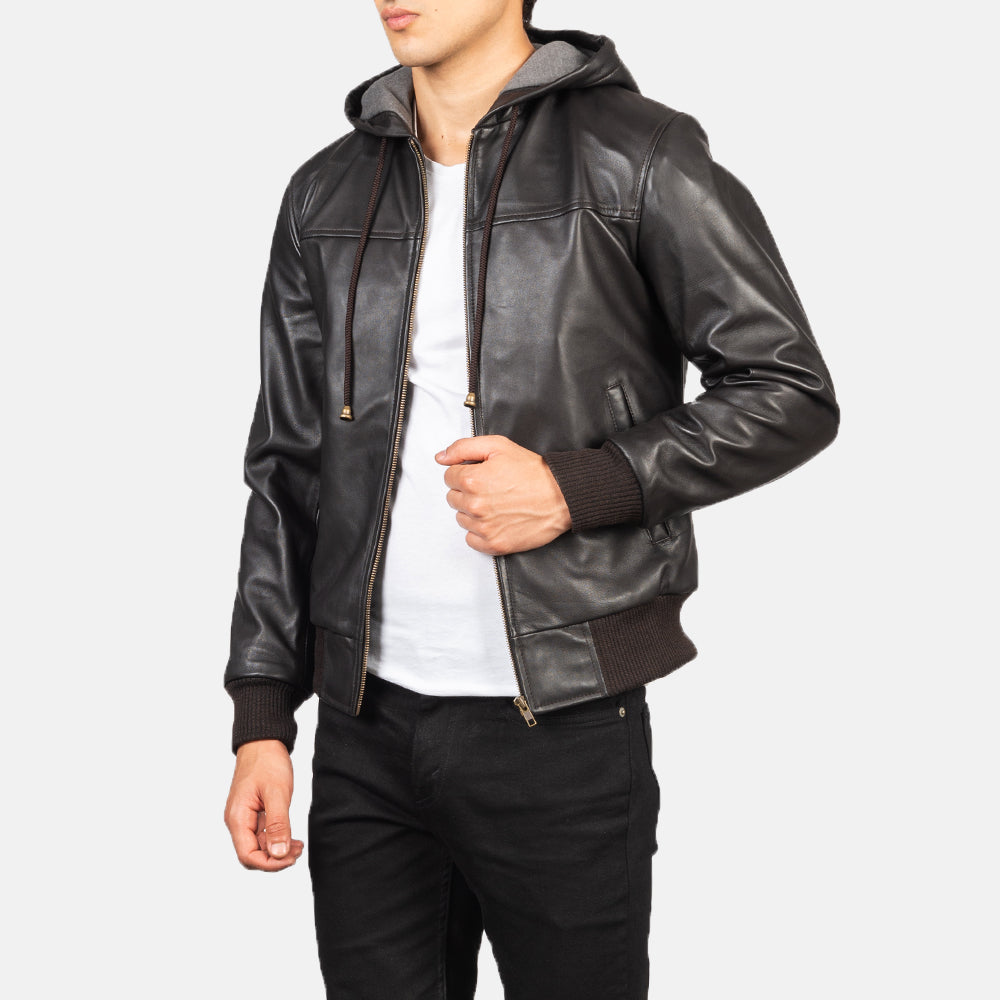 Men's Utility Bomber Hooded Leather Jacket