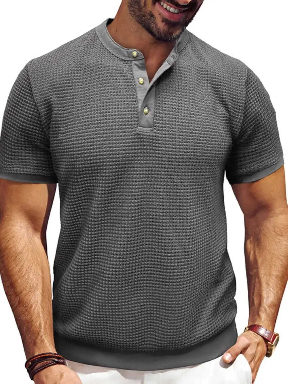 Textured Henley Short Sleeve Tee