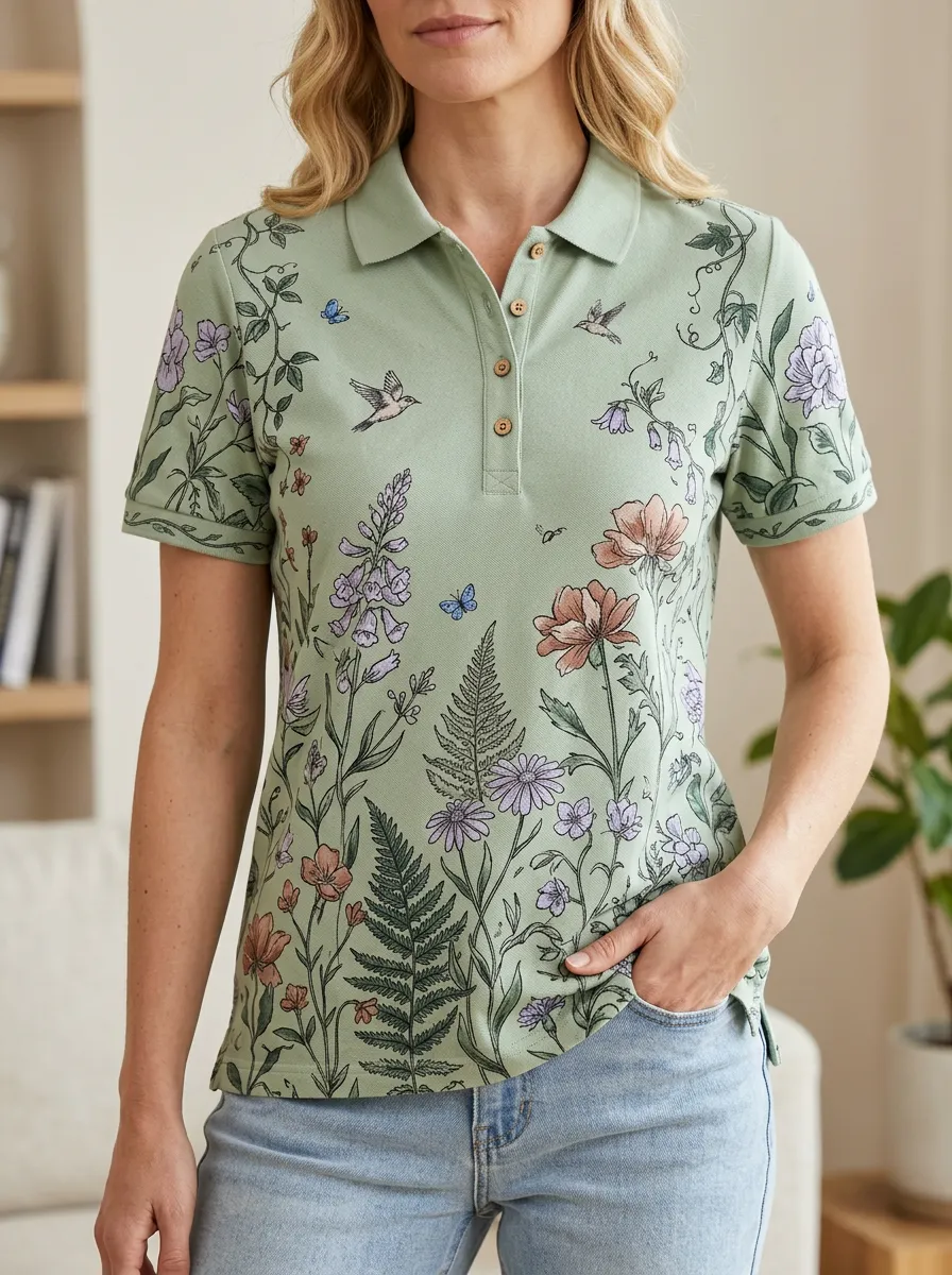 Women's Botanical Garden Hummingbird Floral Printed Polo Shirt