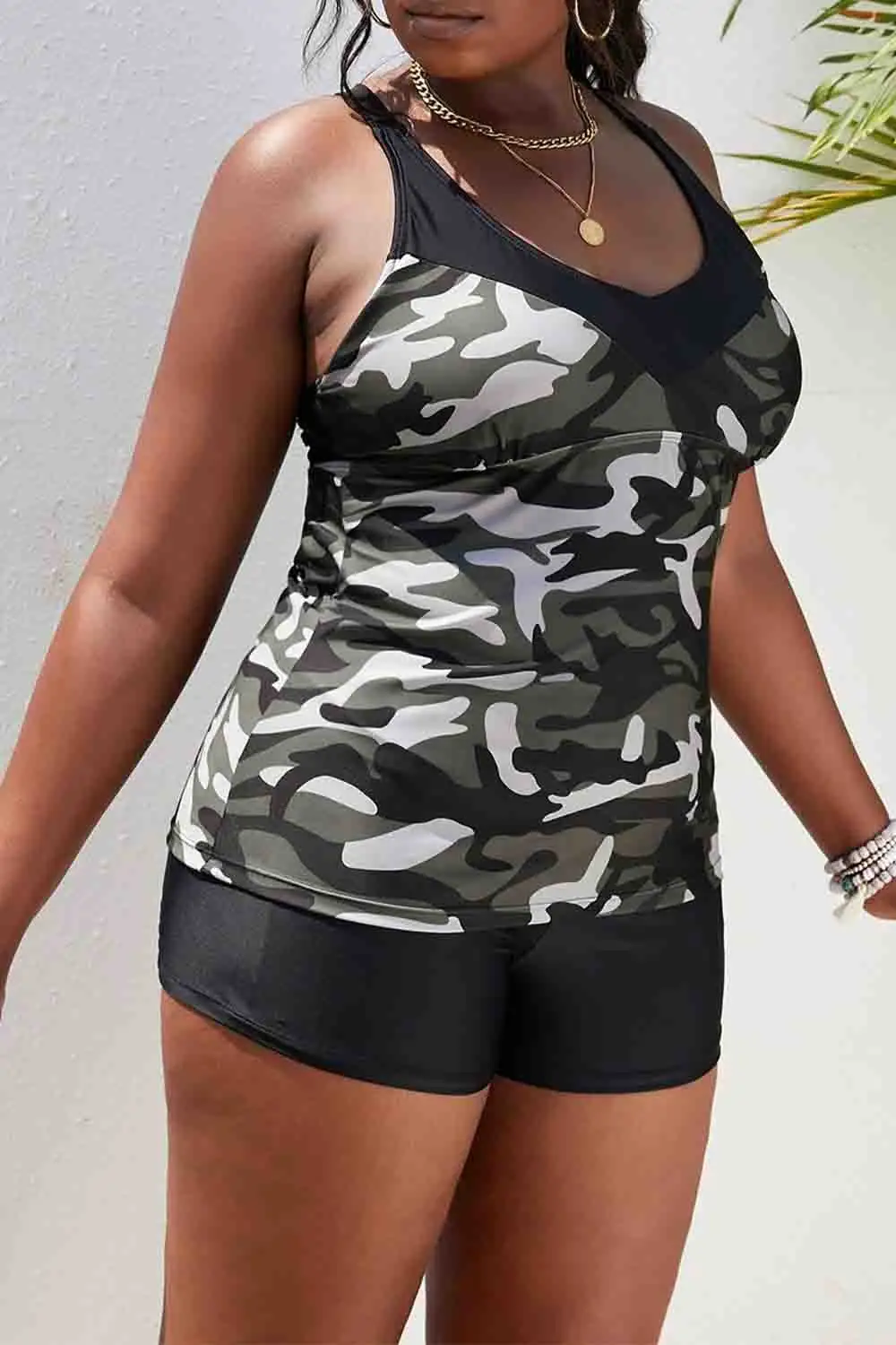 Swimwear Camouflage Print Back Criss Cross Tankini Set
