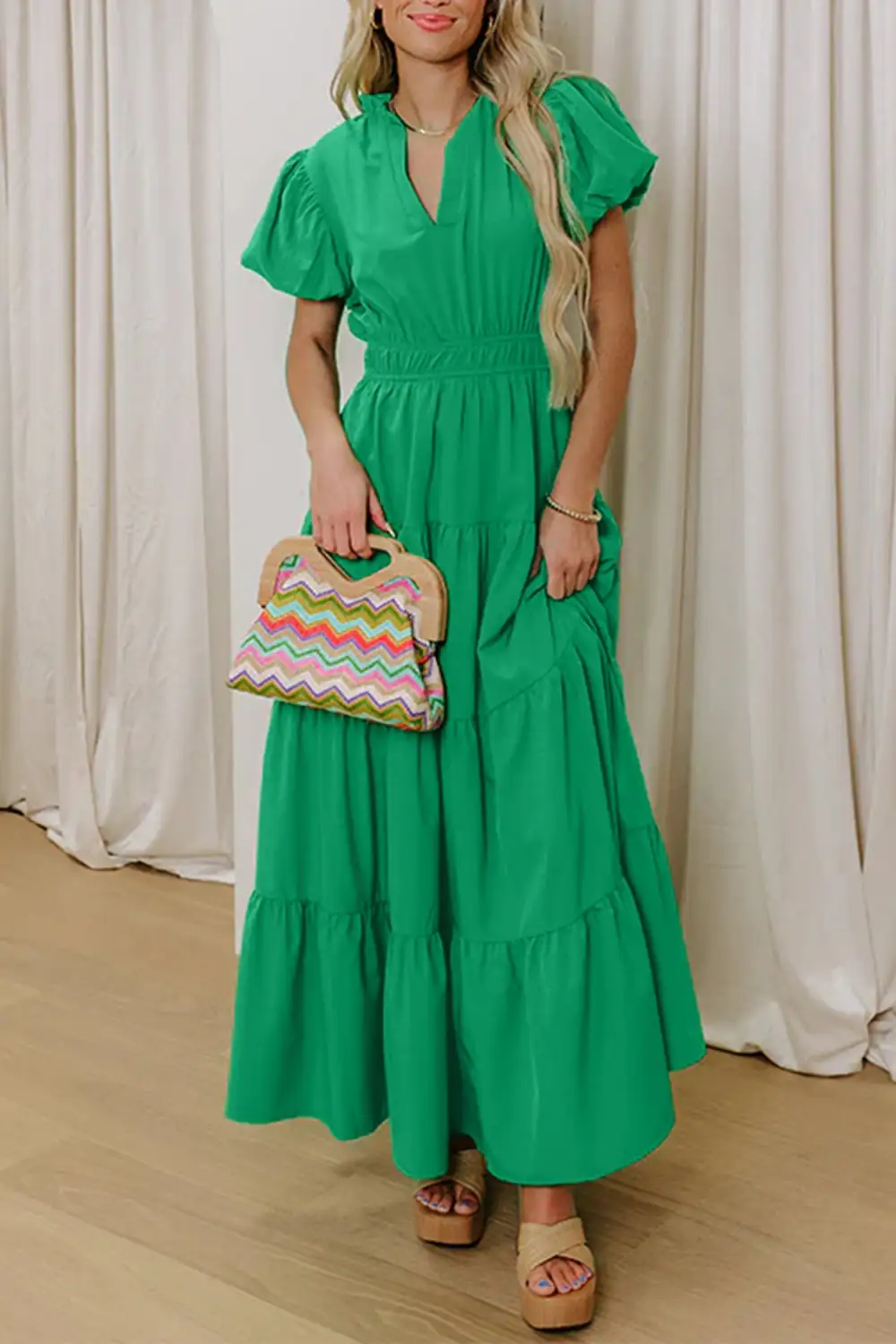 Bright Solid Color V Neck Short Puff Sleeve High