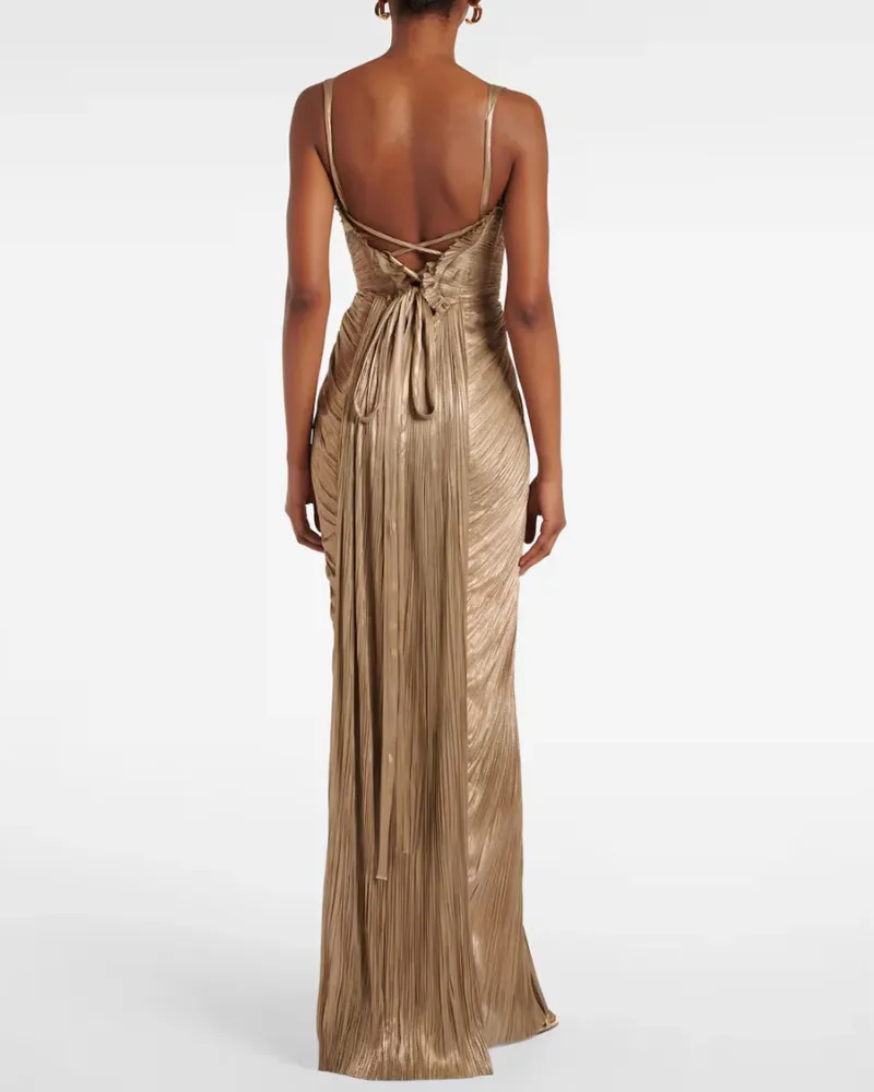 Pleated Satin Maxi Tie Detail Dress