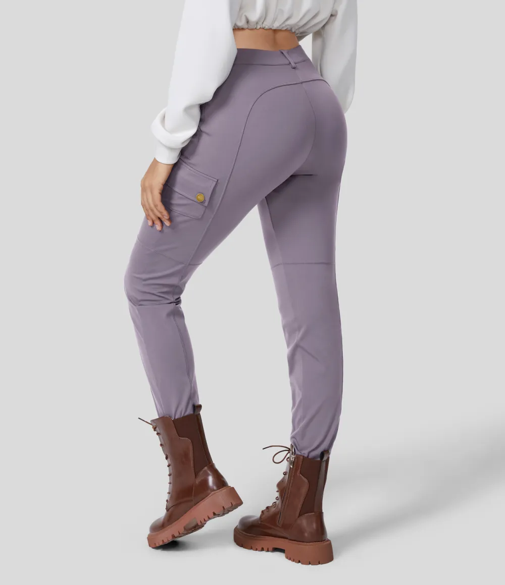 High Waisted Button Zipper Multiple Pockets Solid Skinny Cargo Pants
