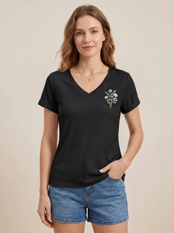 Women's Floral-Embroidered Cuffed-Sleeve V-Neck T-Shirt