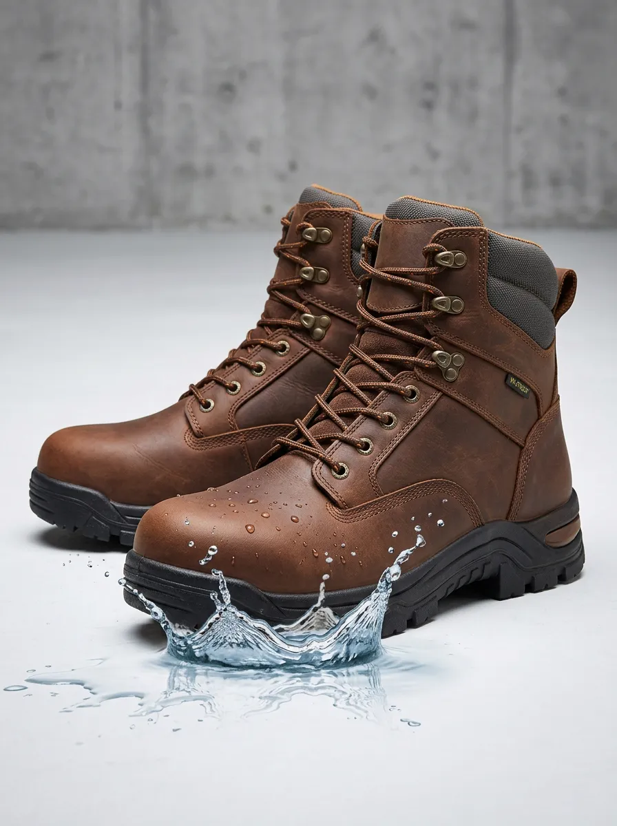 Unisex Outdoor Construction Brown Leather Waterproof Work Boots