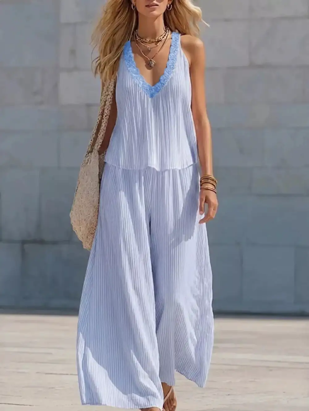 Striped V Neck Tank and Wide Leg Pants Set