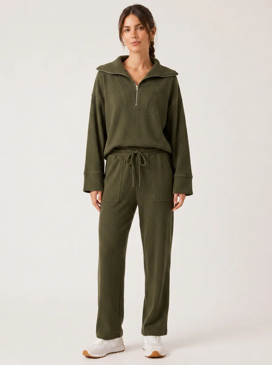 Women's Olive Green Ribbed Quarter-Zip Pullover Lounge Set