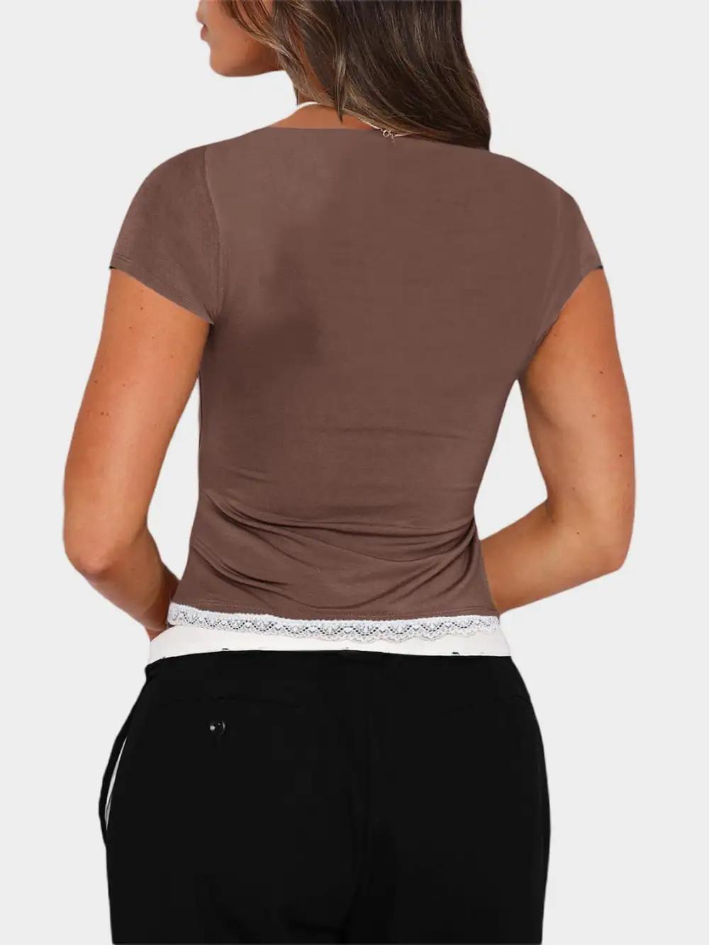 Short-Sleeve Bow-Detail Lace-Detail Cotton T-Shirt
