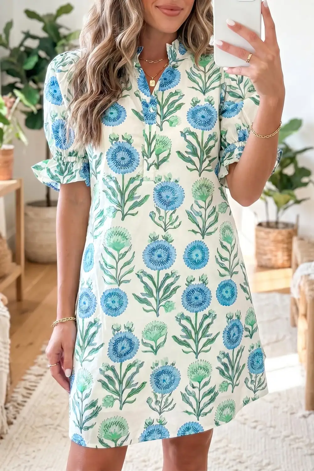 Women's Floral Print Short Sleeve Half Button Frilled Dress