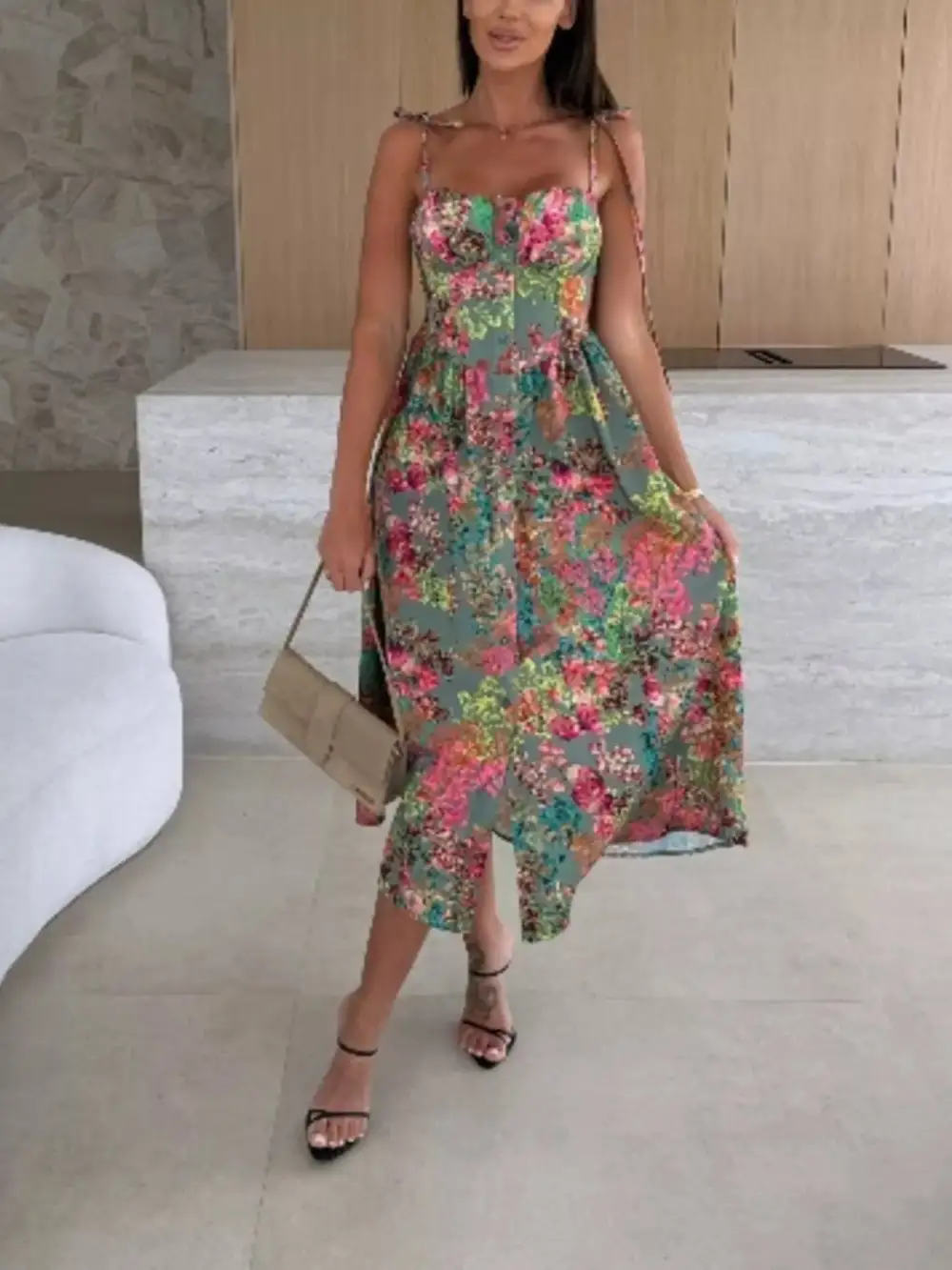 Printed Tie-strap Midi Dress