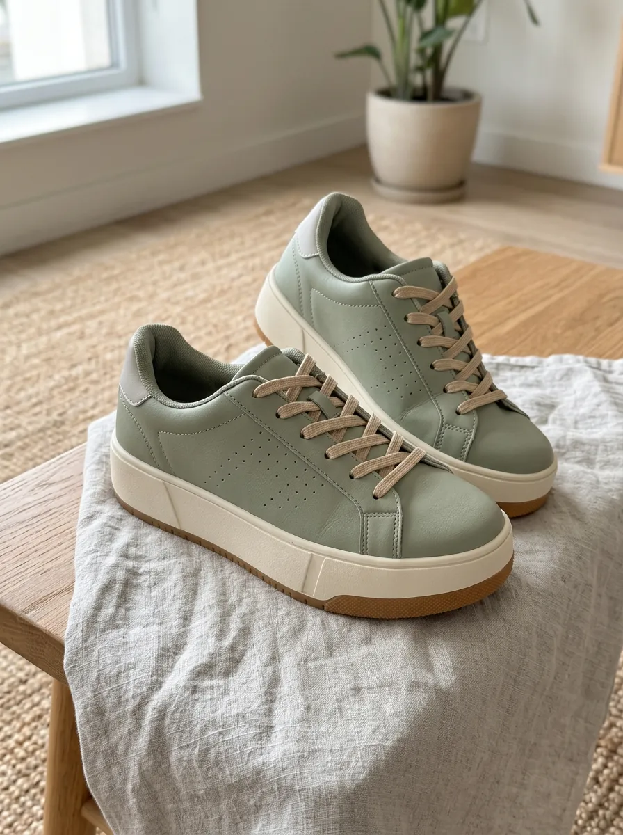 Women's Sage Green Minimalist Perforated Platform Sneakers