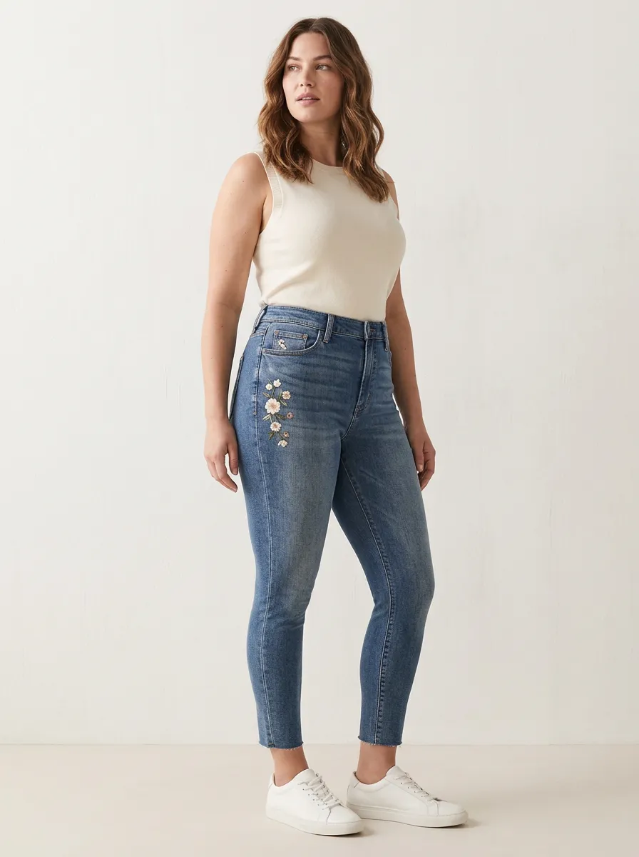 Women's Ridge Floral White Flower Embroidered Printed Slim Jeans
