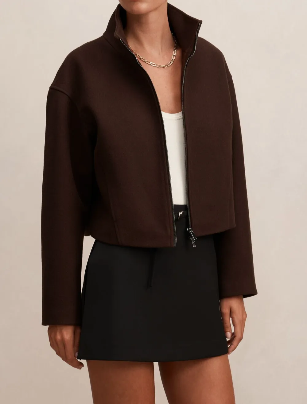 Espresso Brown Cropped Funnel Neck Zip-Up Jacket