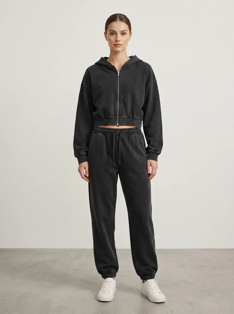 Active Zip-Up Vintage-Wash Women's Cropped Zip-Up Hoodie Jogger Active Set