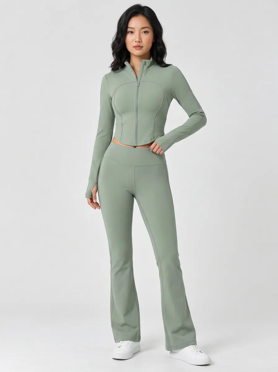 Women's Sage Curved Seam Thumbhole Crop Jacket and Flare Pants Set
