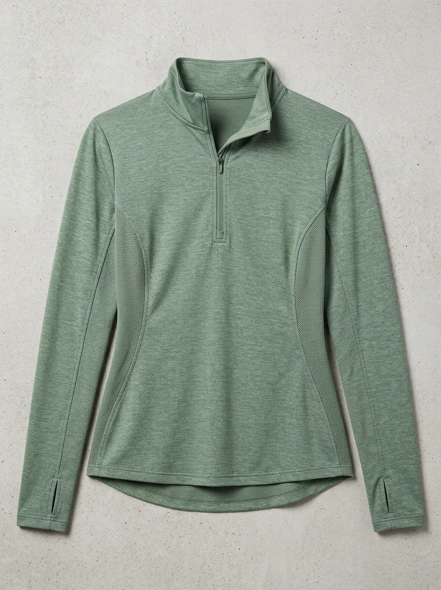 Women's Sage Green Athletic Quarter Zip Thumbhole Long Sleeve Top