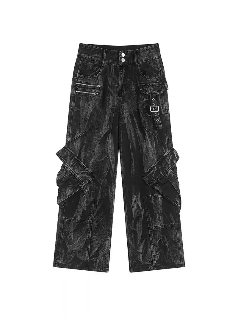 Acid-Wash Cargo-Pocket Distressed Jeans
