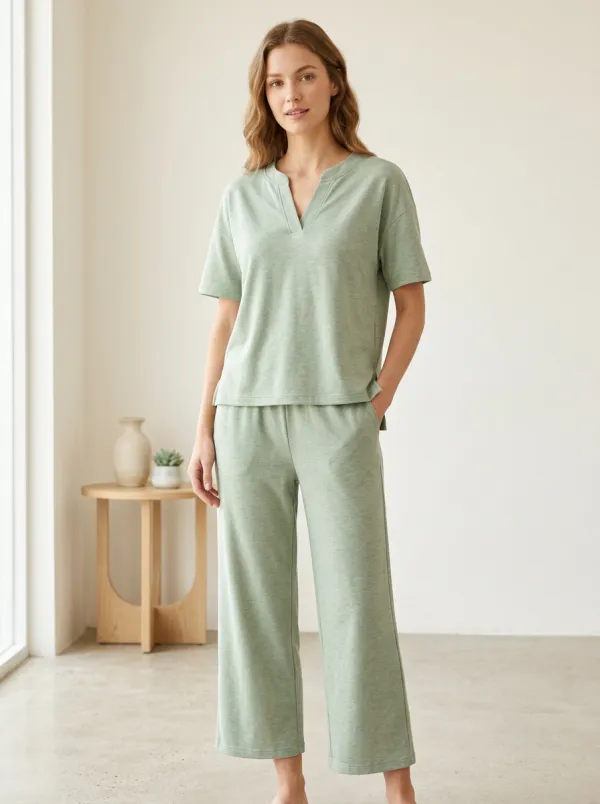 Button-Front Minimalist Women's V-Neck Casual Lounge Set