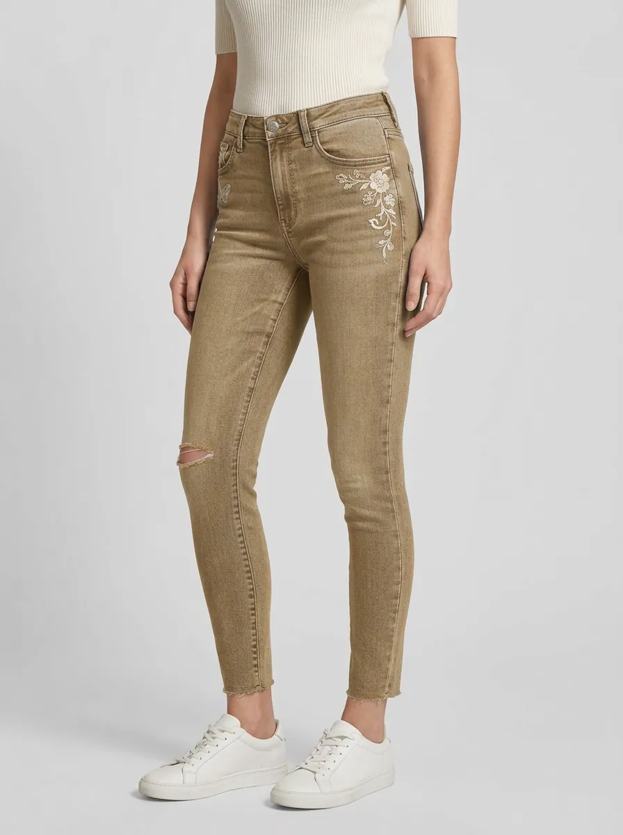 Women's Floral Butterfly Embroidered Ripped Slim Jeans