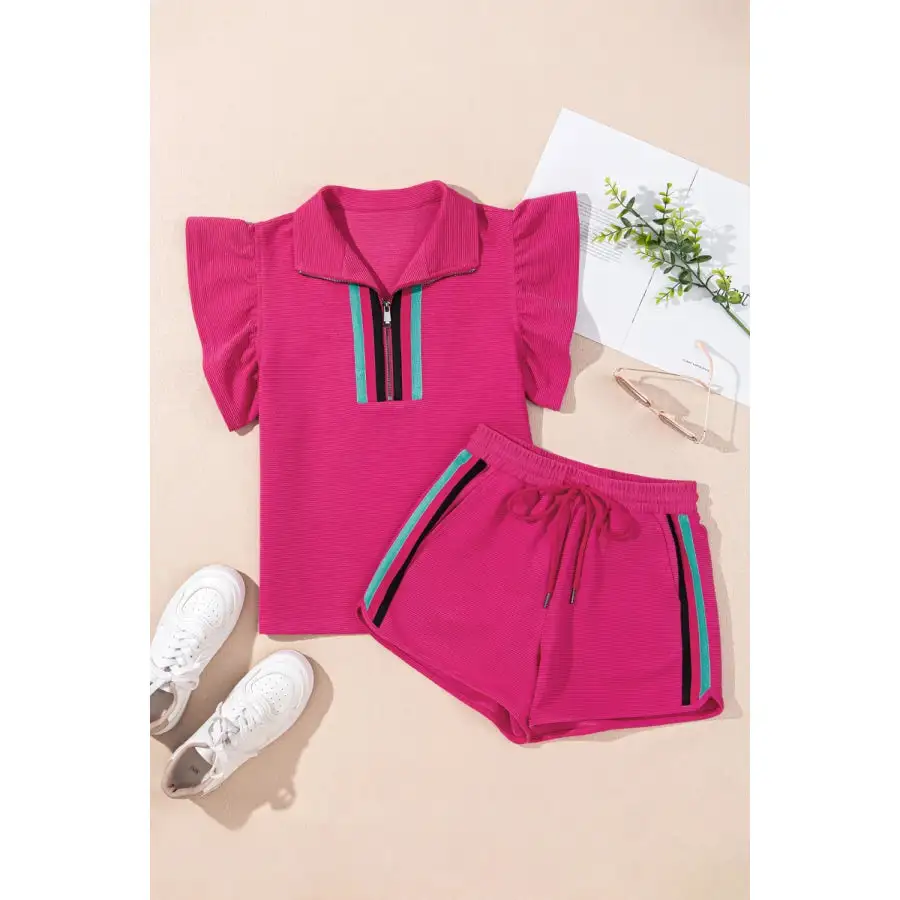 Striped Detail Flutter Sleeve Zipped Collar Top and Short Set