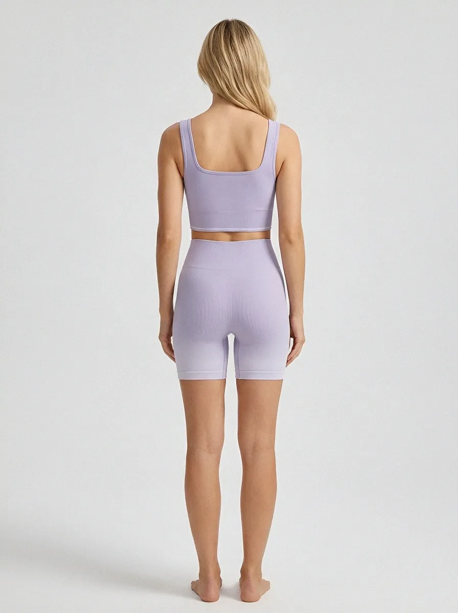 Practical Ribbed Texture Seamless Design Sport Look Women's Tank Top And Sports Shorts Set