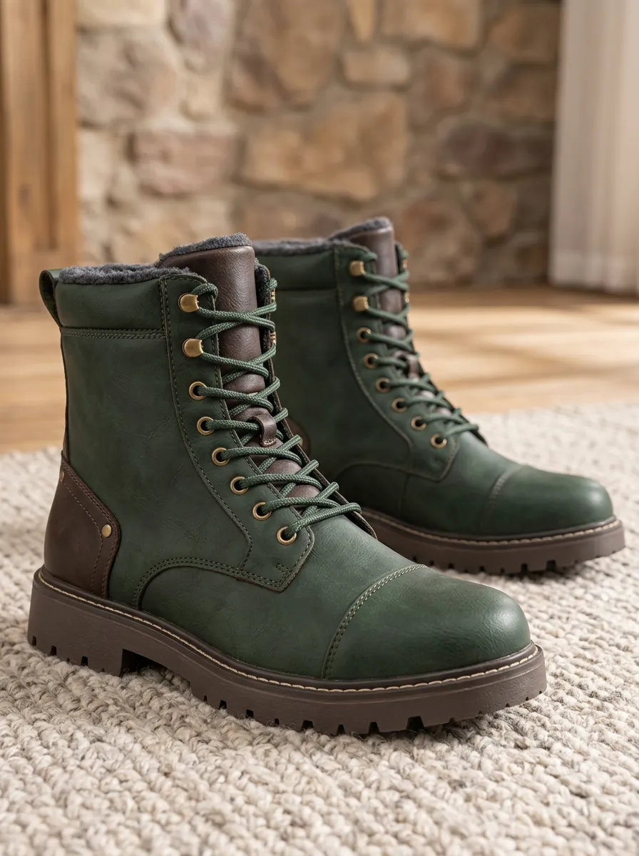 Men's Lace Up Combat Boots in Green with Leather and Casual
