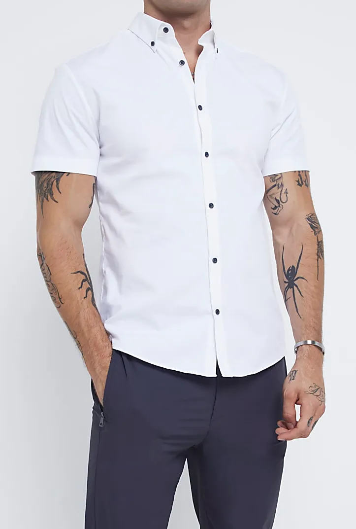 Men's White Slim Fit Textured Stretch Short Sleeve Shirt