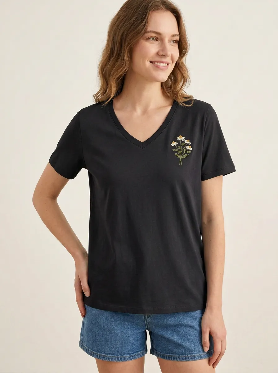 Women's Regular-Fit Floral-Embroidered V-Neck T-Shirt