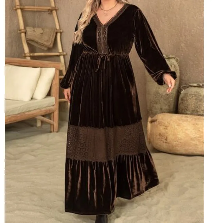 Relaxed Plus Size V Neck Balloon Sleeve Maxi Dress