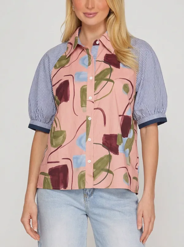 Women's Abstract Art Pattern Striped Sleeve Graphic Shirt