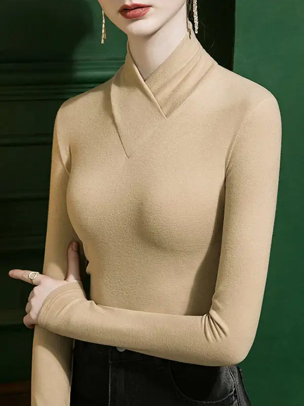Long Sleeve Curve Fit Panel Detail V-Neck T-Shirt