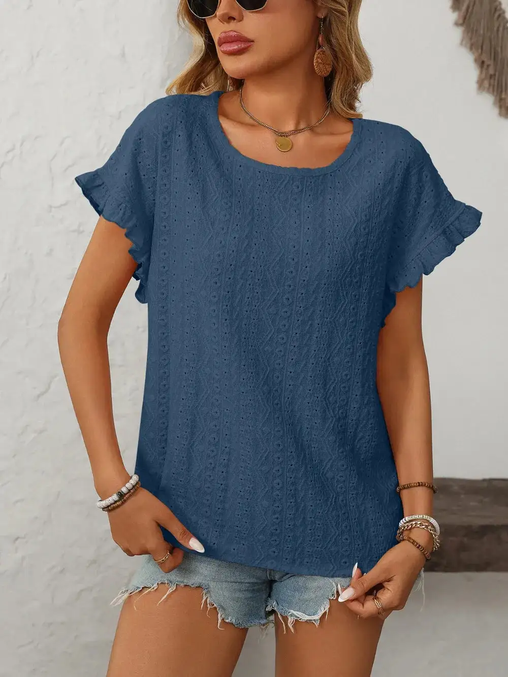 Mandy Eyelet Frill Round Neck Short Sleeve Top