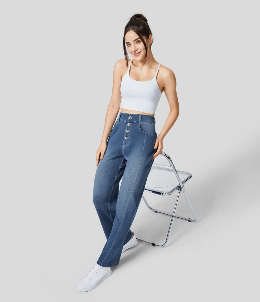 Magic High Waisted Decorative Button Multiple Pockets Straight Leg Stretchy Knit Casual Boyfriend Jeans
