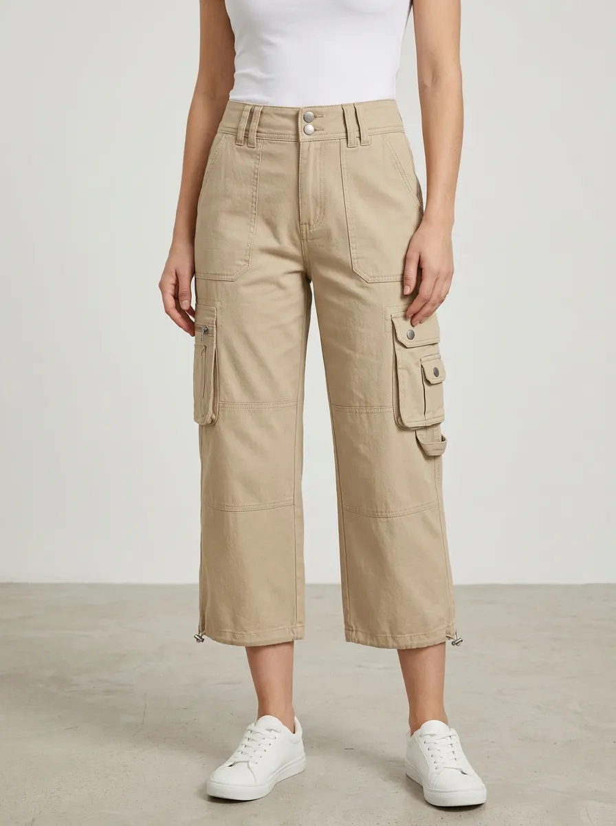 Women's Casual Utility Drawstring Multi Pocket Mid Rise Cropped Cargo Pants