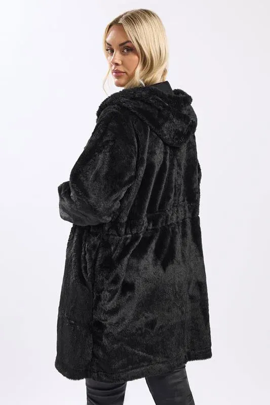 Black Faux Fur Longline Zip Hoodie