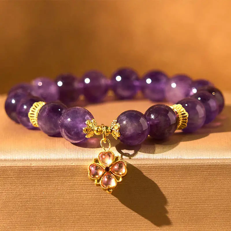 Natural Amethyst Clover Charm Communication Bracelet