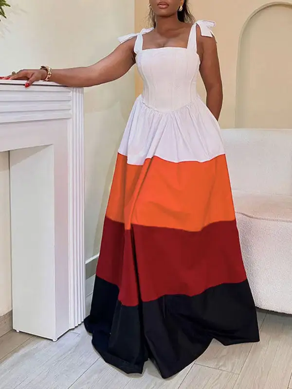 High Tied Pleated Neck Maxi Dress