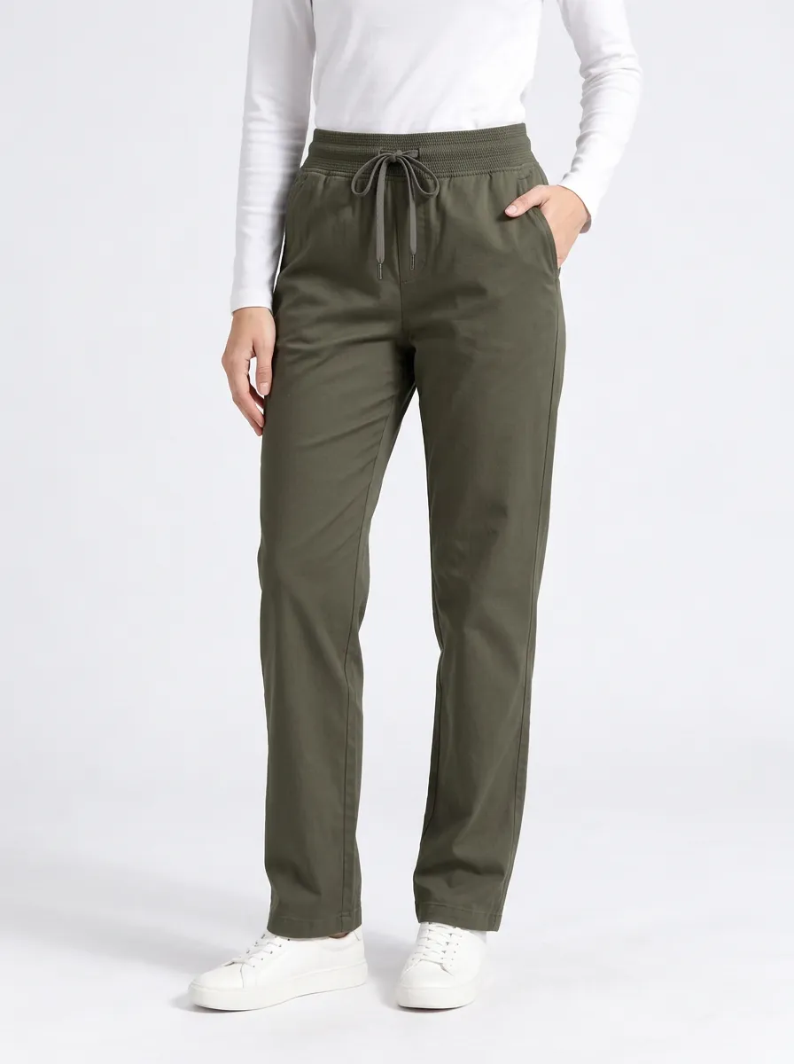 Women's Casual Elastic Waist Trousers in Olive Green