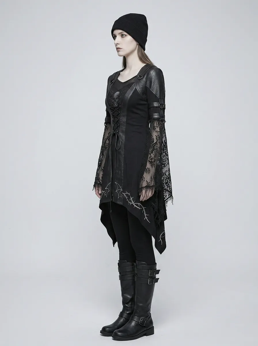 Women's Gothic Skull Lace Sleeve Embroidered Printed Top