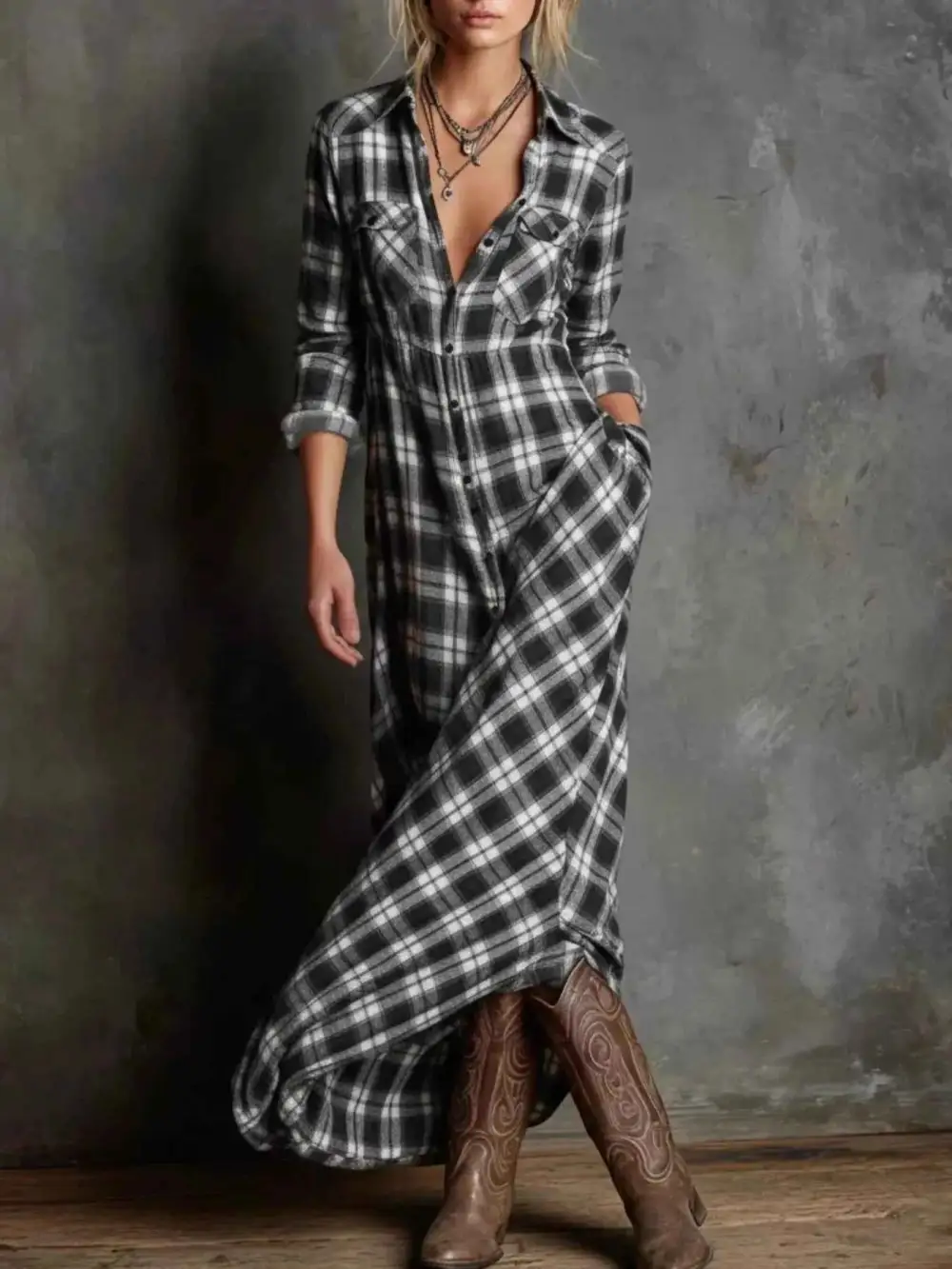 Plus Size Plaid Button Down Maxi Dress