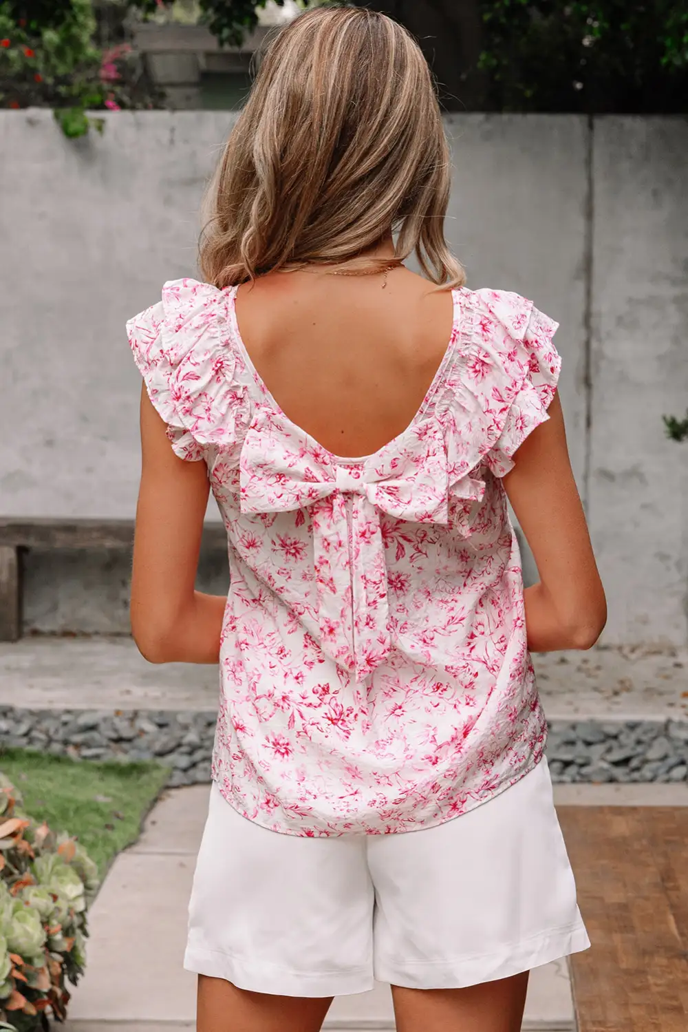 Women's Floral Print Ruffled Bow Detail Top