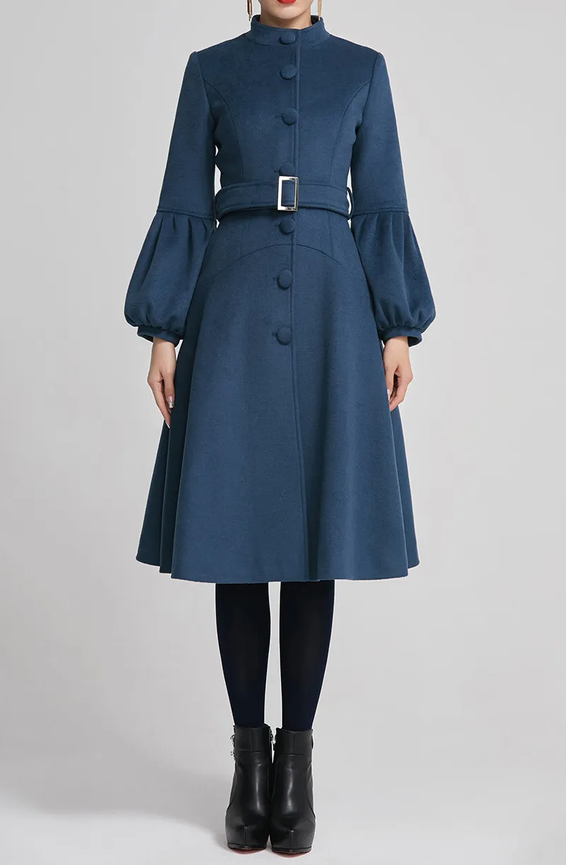 Wool Tailored Single Breasted Belted Lantern Sleeve Midi Coat