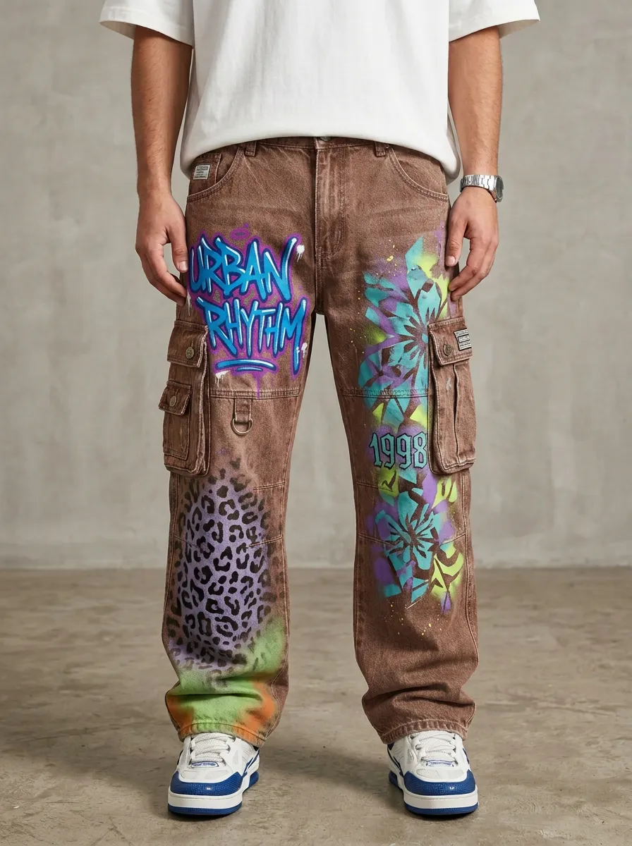 Men's Streetwear Urban Rhythm Graffiti Leopard Graphic Cargo Jeans