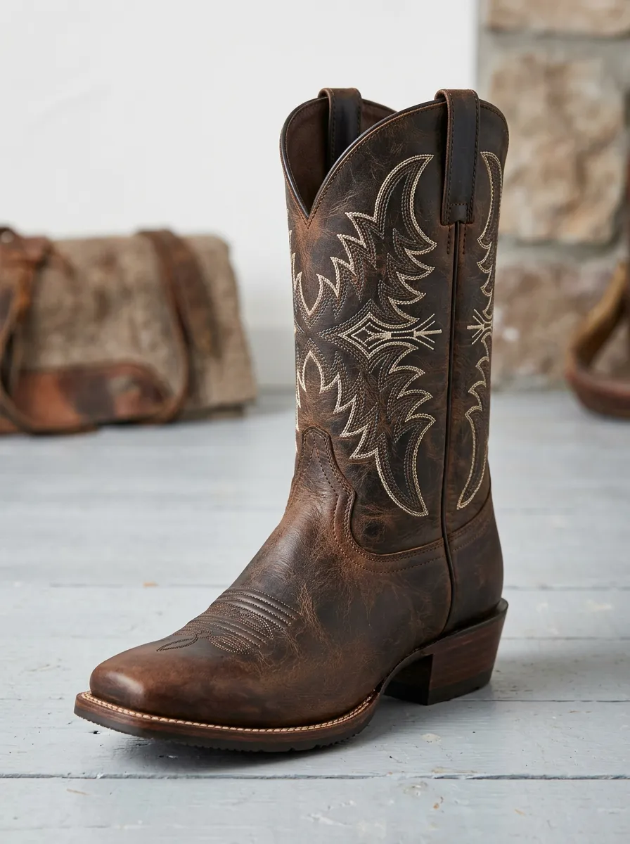 Rustic Embroidered Distressed Leather-Look Trail Look Unisex Western Cowboy Boots