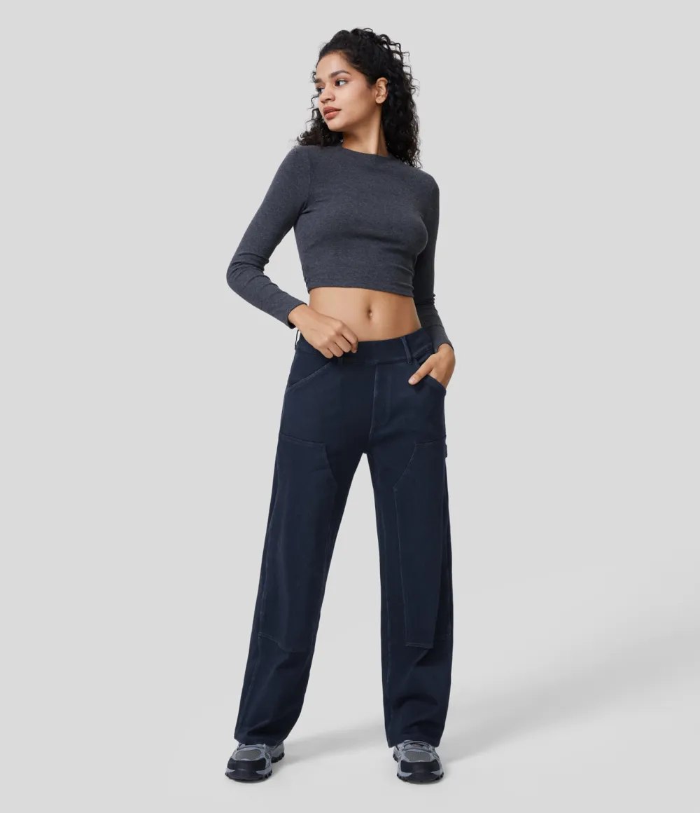 Magic Mid Rise Utility Pockets Straight Leg Stretchy Knit Lumberjack Style Casual Boyfriend Jeans